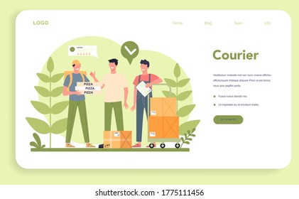 Delivery service web banner or landing page. Courier in uniform with box from the truck. Online food delivery. Goods order in the internet. Express logistic concept. Vector illustration