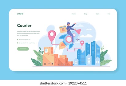 Delivery service web banner or landing page. Courier in uniform with box from the truck. Online food delivery. Goods order in the internet. Express logistic. Vector illustration in cartoon style