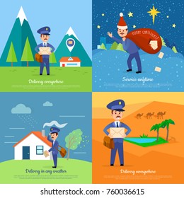 Delivery service web banners set with cartoon postman. Smiling postal courier delivers letters in stormy weather, in distant places in desert and mountains, on Christmas flat vector illustrations