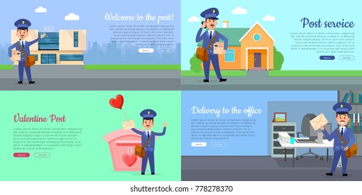 Delivery service web banners set with cartoon postman. Postal courier near post building flat vector illustration. Mailman delivers letter in office, parcel home and romantic postcards on Valentine