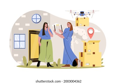 Delivery service web character concept. Woman courier delivers parcels to client at home, drone flies with box with order isolated scene with persons. Vector illustration with people in flat design