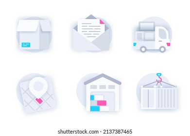 Delivery service web concept of 3d paper icons set. Pack flat pictograms of parcel box, letter in envelope, truck, location tracking, warehouse, container. Vector elements for mobile app and website