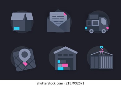 Liefert Service Web-Konzept von 3D-Papier-Symbole Set. Packen Sie Piktogramme zum Versenden und Empfangen von Paketen, Briefen, Logistik und Transport, Tracking. Vektorelemente für Webseiten im dunklen Stil