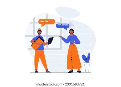 Delivery service web concept with character scene. Man delivering parcel to clients, woman paying to courier. People situation in flat design. Vector illustration for social media marketing material.