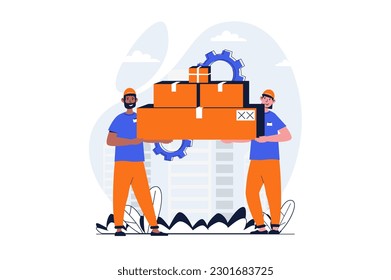 Concepto web de servicio de entrega con escena de caracteres. Hombres cargadores con cajas de cartón y paquetes de envío. La gente se encuentra en un diseño plano. Ilustración vectorial para material de marketing en medios sociales.