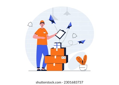 Lieferung Service Web Konzept mit Charakter Szene. Mann, der Kartonboxen ausliefert, Pakete an den Kunden schickt. Menschen Situation in flachem Design. Vektorgrafik für Social Media Marketing Material.