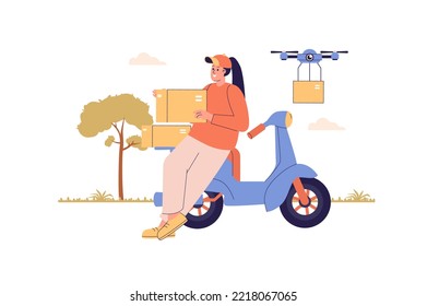 Delivery service web concept with people scene. Woman working as courier and delivering parcels at motorbike, postal drone flying with box. Character situation in flat design. Vector illustration.