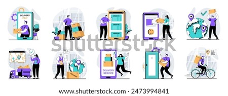 Delivery service web concept with people scenes mega set in flat design. Bundle of character situations with shipping order to home, clients receive parcels, courier carries box. Vector illustrations.