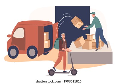 Delivery service web concept. Postal service worker working in warehouse, loading parcels. Courier delivers orders to client. People scenes template. Vector illustration of characters in flat design