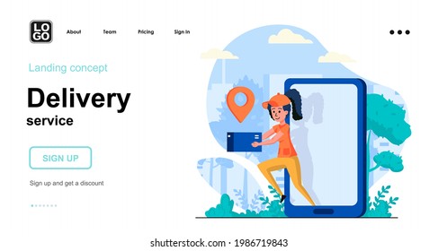 Delivery service web concept. Woman courier holds parcel, order delivery and tracking in mobile app. Template of people scene. Vector illustration with character activities in flat design for website