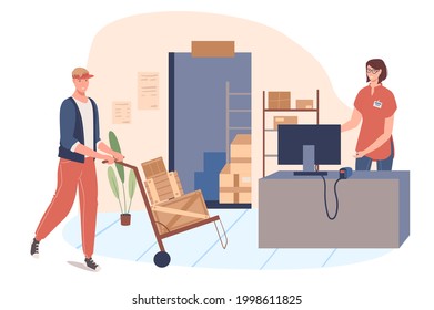 Delivery service web concept. Woman and man work in warehouse. Loader carry parcels. Operator processes orders on computer. People scenes template. Vector illustration of characters in flat design