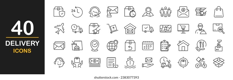 Iconos web del servicio de entrega establecidos. Entrega y Logística - colección de iconos de línea delgada simple. Contienen envío, seguimiento de pedidos, almacén, camión, correo, carga y más. Conjunto simple de iconos web