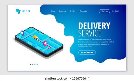 Delivery service web site template. Online tracking concept isometric smartphone with map, truck, pin. Logistic order track e-commerce 3d design. Shipping Vector illustration for web, mobile app, adv