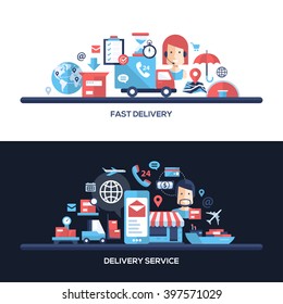Delivery service website headers, banners set with icons and other flat design web elements