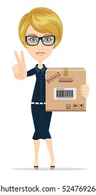 delivery service woman with box shows sign of victory on his fingers. Stock vector illustration