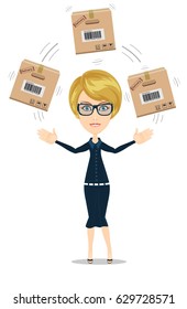 delivery service woman with box vector illustration isolated on white background. smiling cartoon businesswoman juggling with cardboard box.