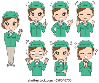 The delivery service woman has various expressions.