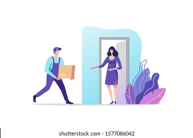 Delivery service. Woman receiving parcel from courier on doorstep. Vector illustration.