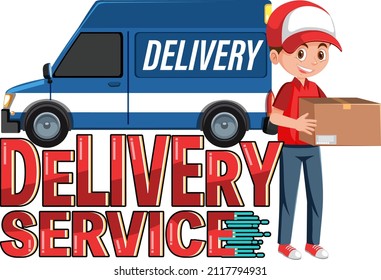 Delivery Service wordmark with courier delivering packages illustration