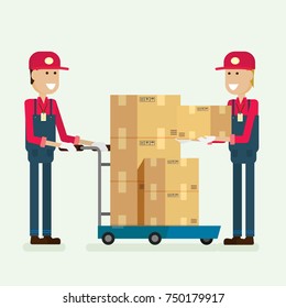 Delivery Service worker cargo box in warehouse. illustration vector