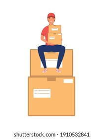 delivery service worker character seated in boxes carton vector illustration design