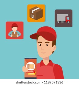 delivery service worker character with set icons