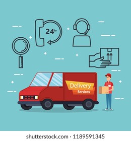 delivery service worker character with set icons