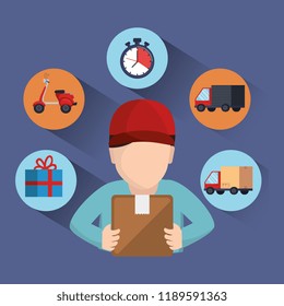 delivery service worker character with set icons