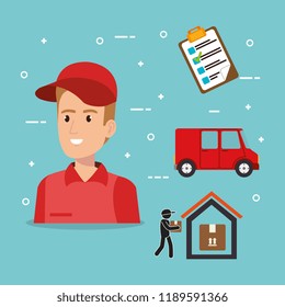 delivery service worker character with set icons
