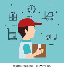 delivery service worker character with set icons