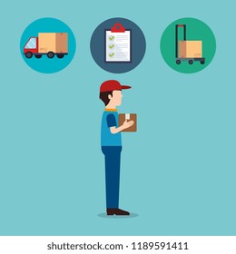 delivery service worker character with set icons