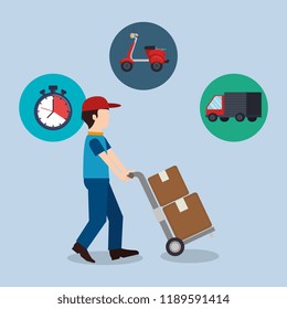 delivery service worker character with set icons