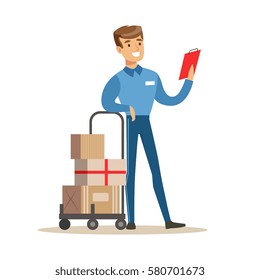 Delivery Service Worker Checking His Clipboard Leaning On Cart, Smiling Courier Delivering Packages Illustration