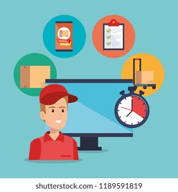 delivery service worker with computer