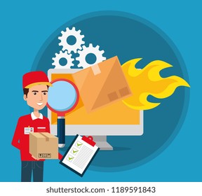 delivery service worker with computer