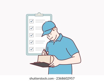 Delivery Service Worker Crossing Out Address From Check List, Smiling Courier Delivering Packages. Hand drawn style vector design illustrations.