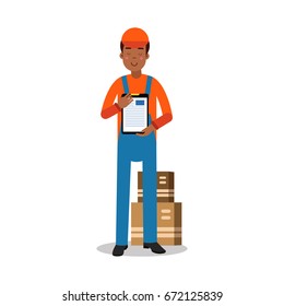 Delivery service worker delivering boxes and documents, courier in uniform at work cartoon character vector Illustration