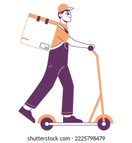 Delivery service worker driving kick scooter. Courier character receiving parcels isolated flat vector illustration on white background