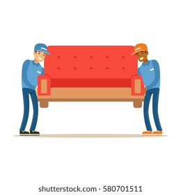 Delivery Service Worker Helping With Moving Carrying Sofa, Smiling Courier Delivering Packages Illustration