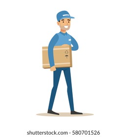 Delivery Service Worker Holding A Box Under Armpit, Smiling Courier Delivering Packages Illustration