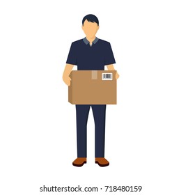 Delivery Service Worker Holding Box, Delivery man in blue uniform. Delivery man vector . Flat illustration. Delivering Packages Illustration