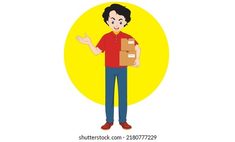 Delivery Service Worker Lifting Box Character Vector Illustration Design On Yellow Background