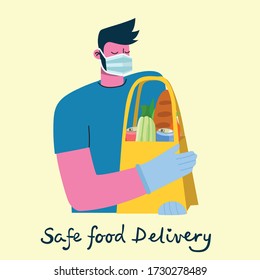 Delivery Service Worker With Mask And Gloves, People Deliver Food, Meal And Goods. Safe Goods Delivery Concept Vector Illustration.