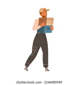 Delivery service worker or mover in overalls carrying cardboard boxes. Apartment moving, loading service cartoon vector illustration