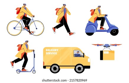 Delivery service worker on motorcycle, bike, truck. Vector flat illustration of shipping cargo, parcels and orders by transport, drone and courier with backpack