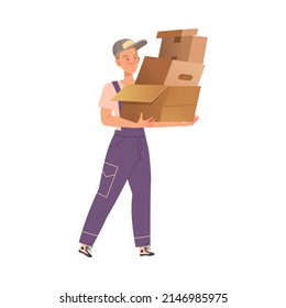 Delivery service worker in overalls carrying cardboard boxes cartoon vector illustration