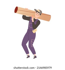 Delivery service worker in overalls carrying rolled up carpet. Apartment moving, loading service cartoon vector illustration