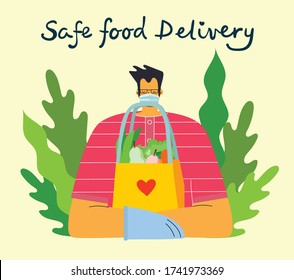 Delivery service worker, people deliver food, meal and goods in protective mask and gloves. Safe goods delivery concept vector illustration.