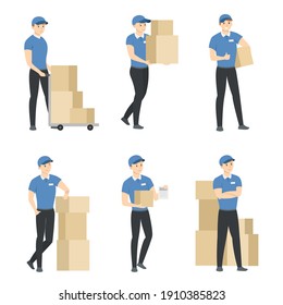 delivery service worker, postman, loader, man with paper boxes. vector illustration