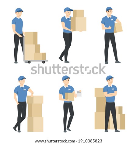 delivery service worker, postman, loader, man with paper boxes. vector illustration